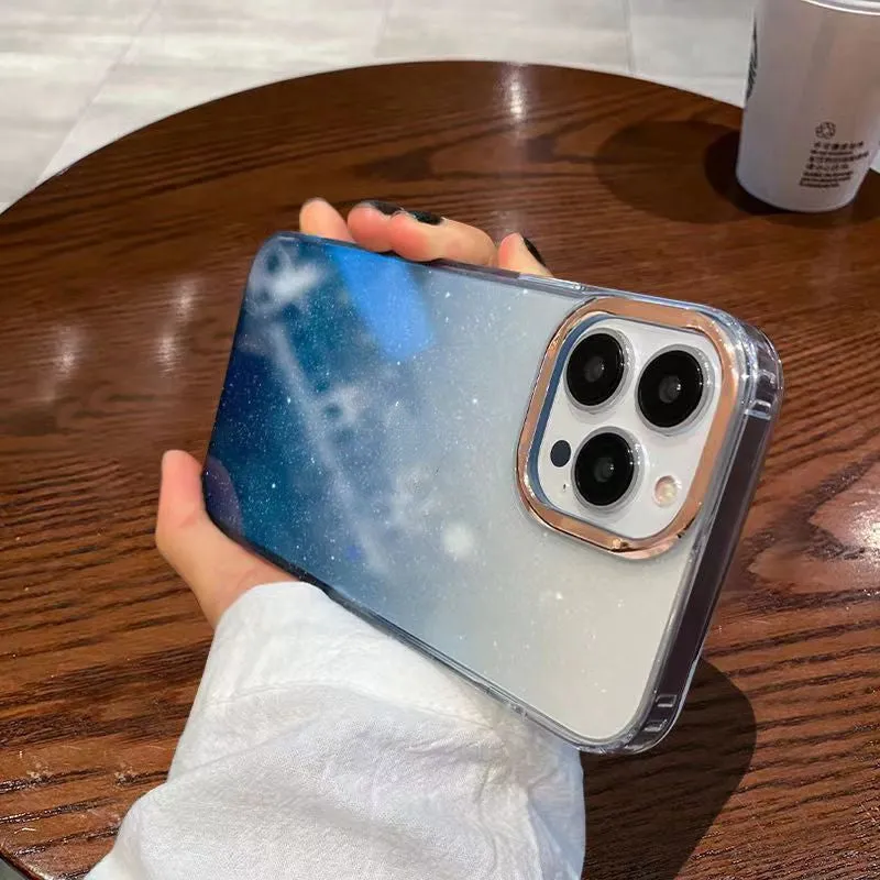 Starry gradient transparent acrylic phone case for iPhone showing starry sky pattern in gradient blue
