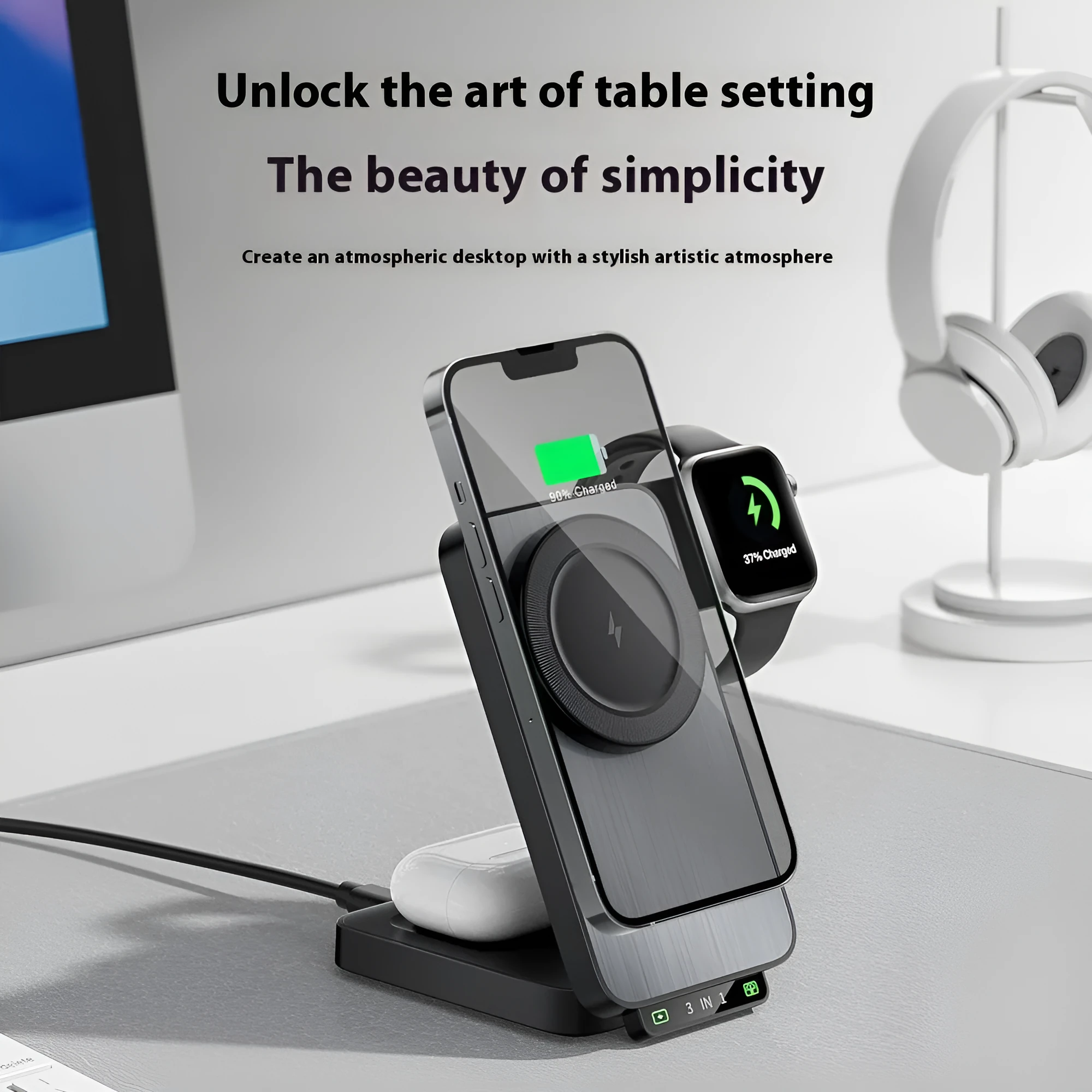 Portable wireless charger folding magnetic ABS black 121x69x28mm on desk