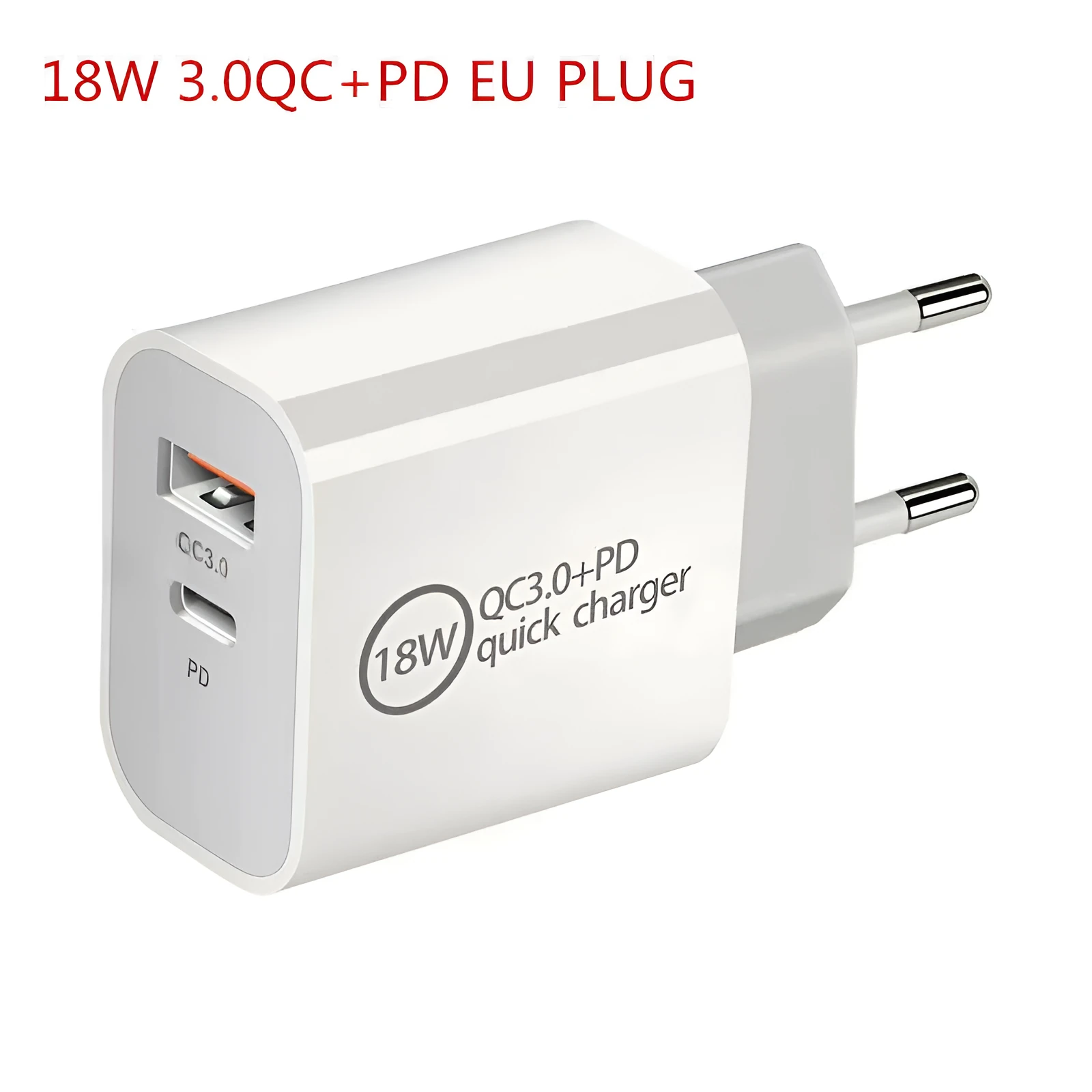 18W dual port USB charger with EU plug, two USB-A ports, compact white charging head