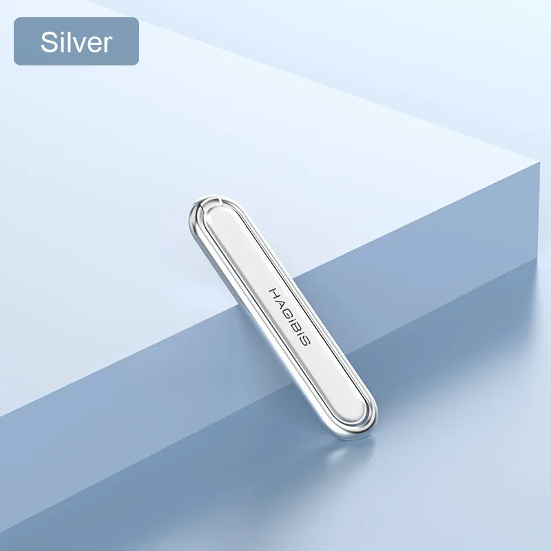 Creative alloy adhesive phone ring holder in streamer silver with invisible back bracket on a smartphone