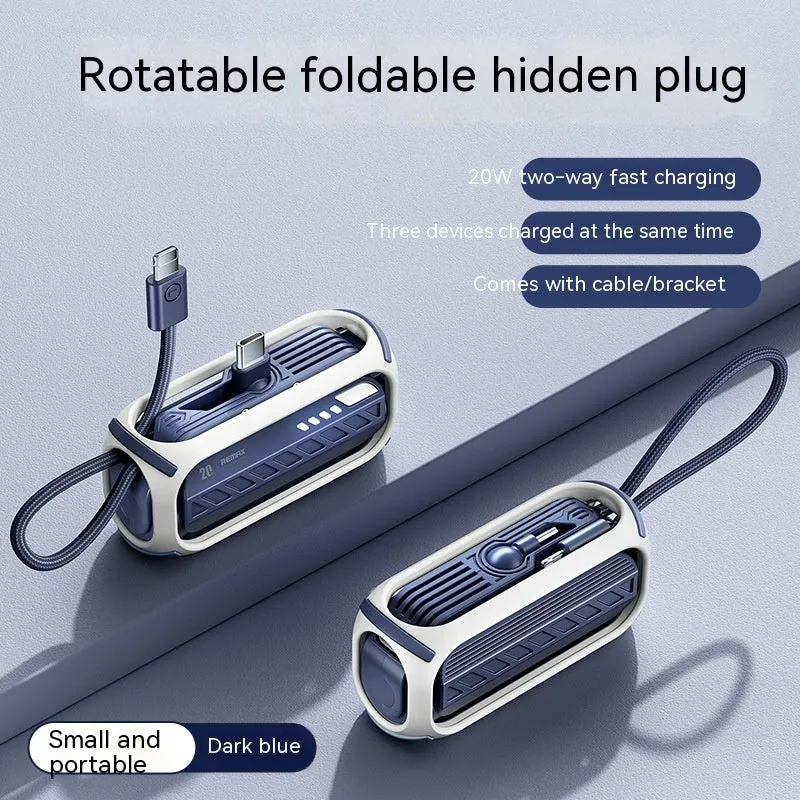 Capsule 20W 5000mAh mini power bank with folding bracket and built-in Type-C and Lightning cables in grey