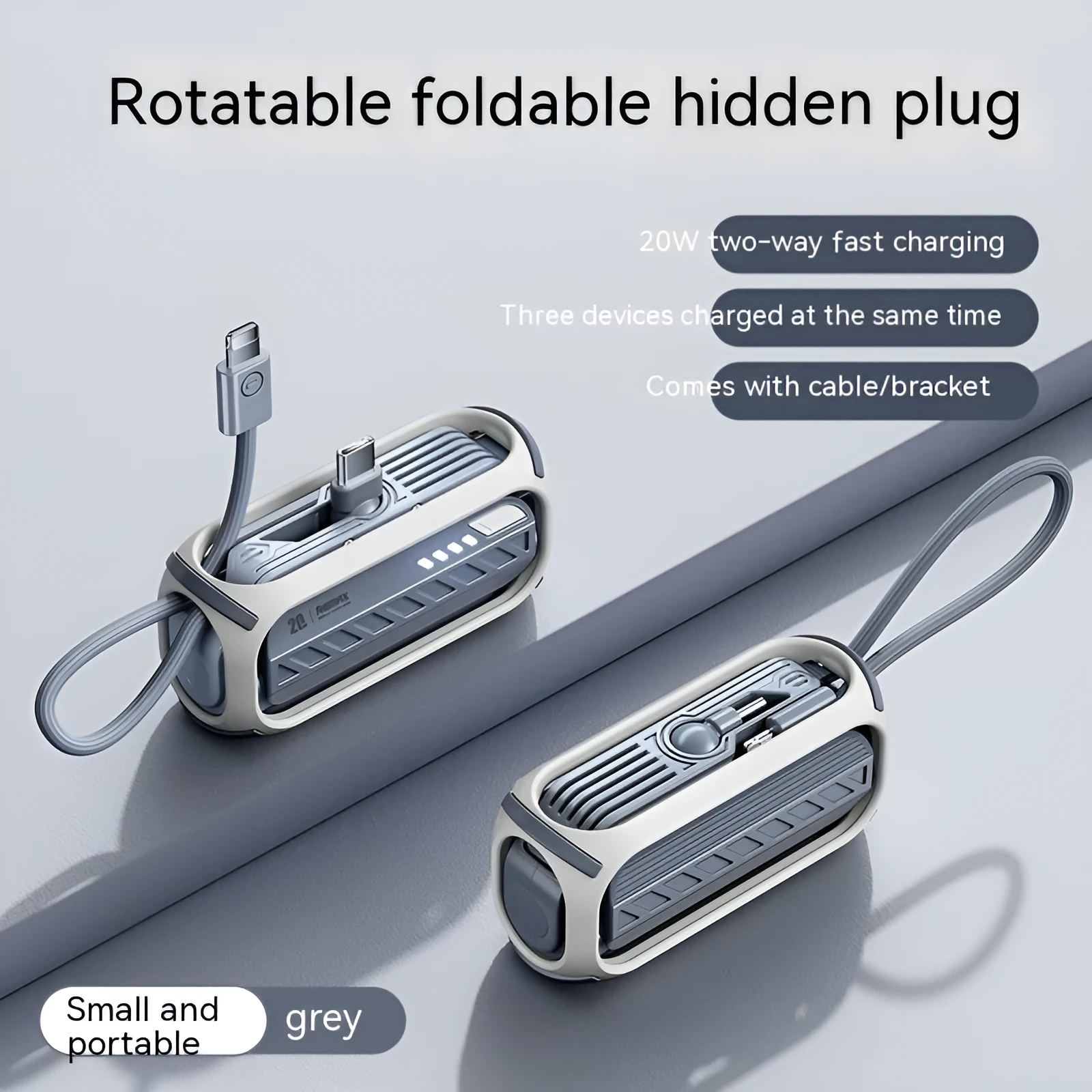 Capsule 20W 5000mAh mini power bank with folding bracket and built-in Type-C and Lightning cables in grey