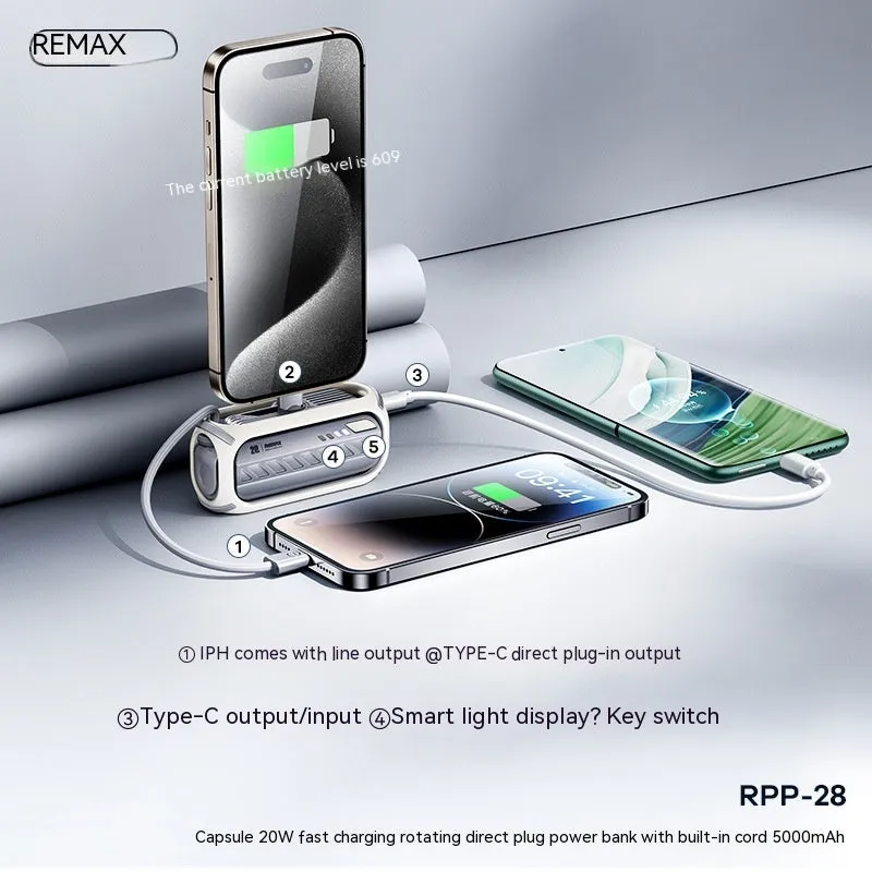 Capsule 20W 5000mAh mini power bank with folding bracket and built-in Type-C and Lightning cables in grey
