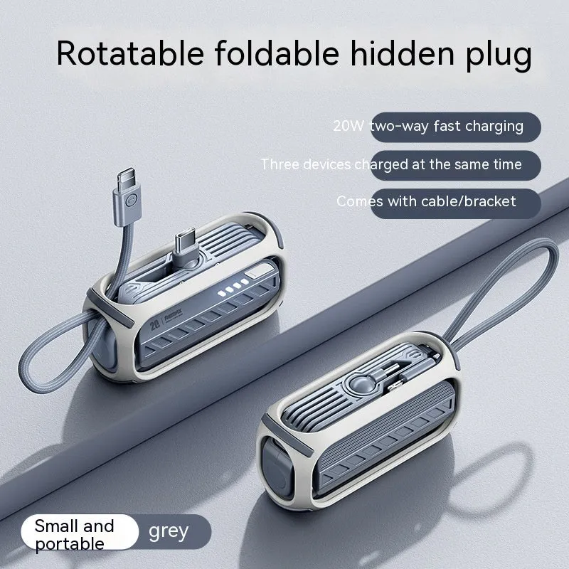 Capsule 20W 5000mAh mini power bank with folding bracket and built-in Type-C and Lightning cables in grey