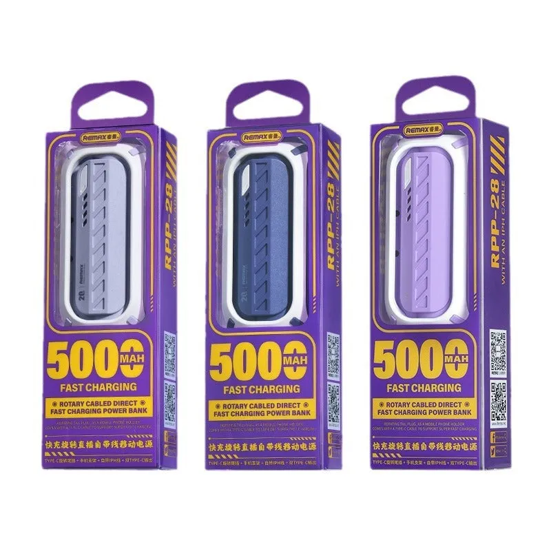 Capsule 20W 5000mAh mini power bank with folding bracket and built-in Type-C and Lightning cables in grey