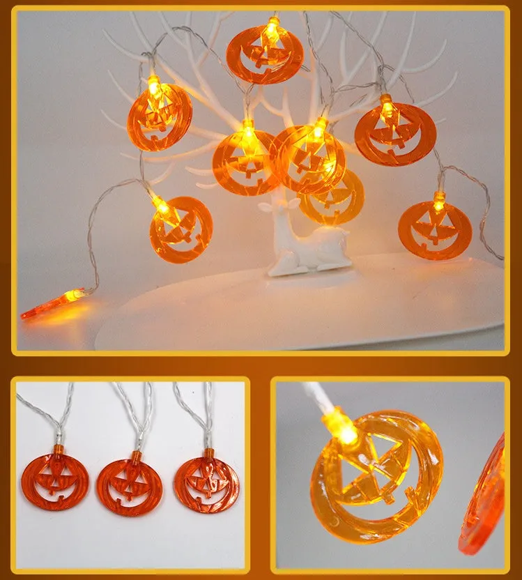 Halloween battery LED string lights with pumpkin, bat, and ghost pendants on a 1.2m waterproof string.