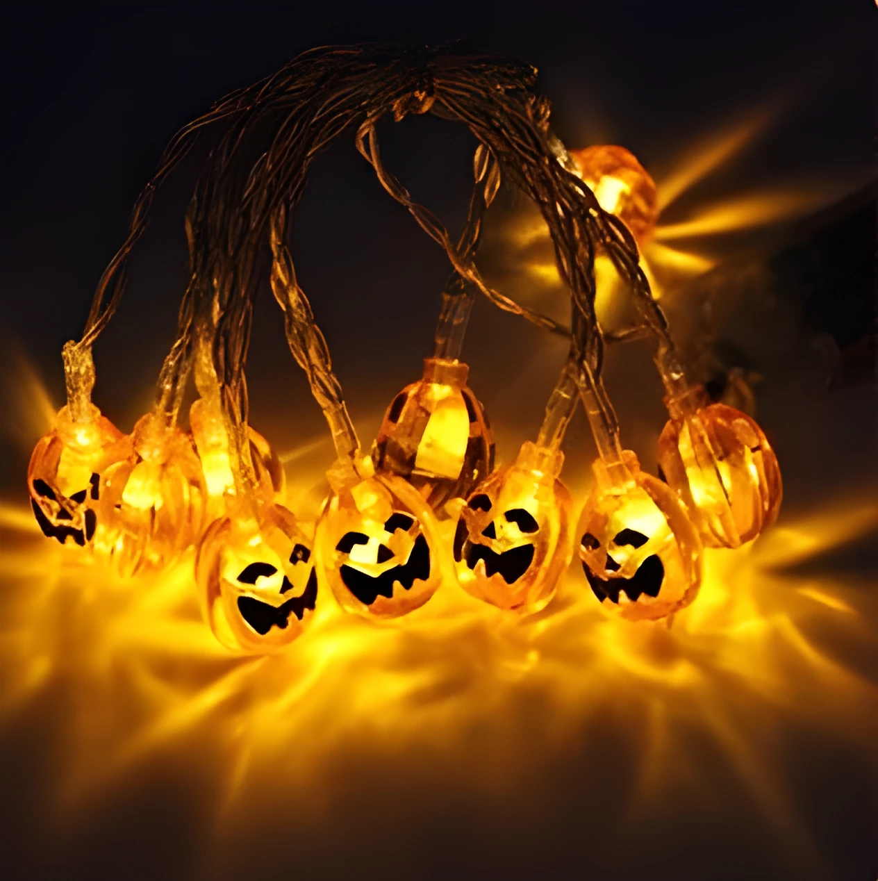 Halloween battery LED string lights with pumpkin, bat, and ghost pendants on a 1.2m waterproof string.