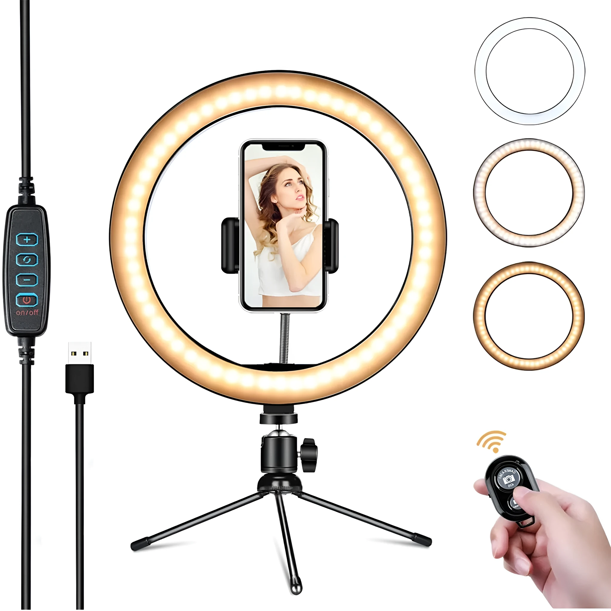 White metal desktop bracket fill light 10 inch 26 cm ring light with tripod and phone clip