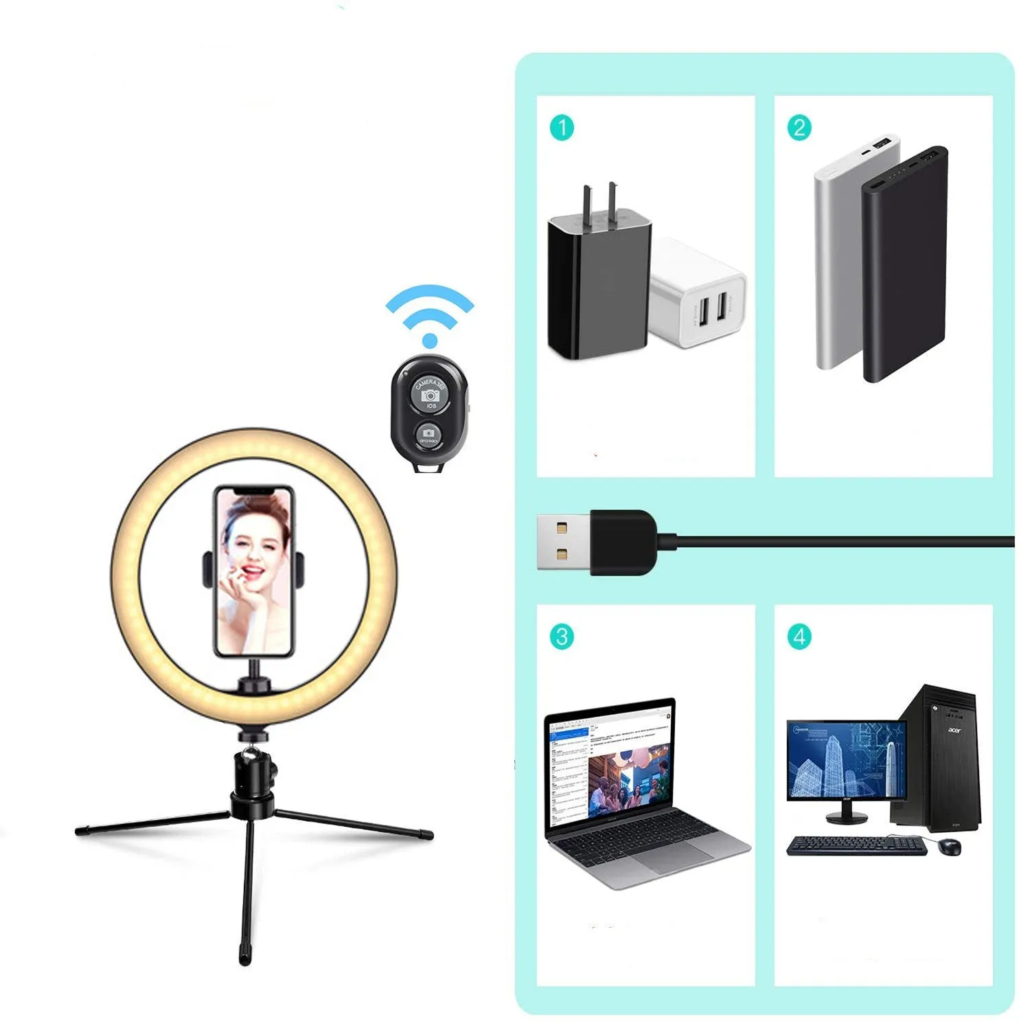 White metal desktop bracket fill light 10 inch 26 cm ring light with tripod and phone clip
