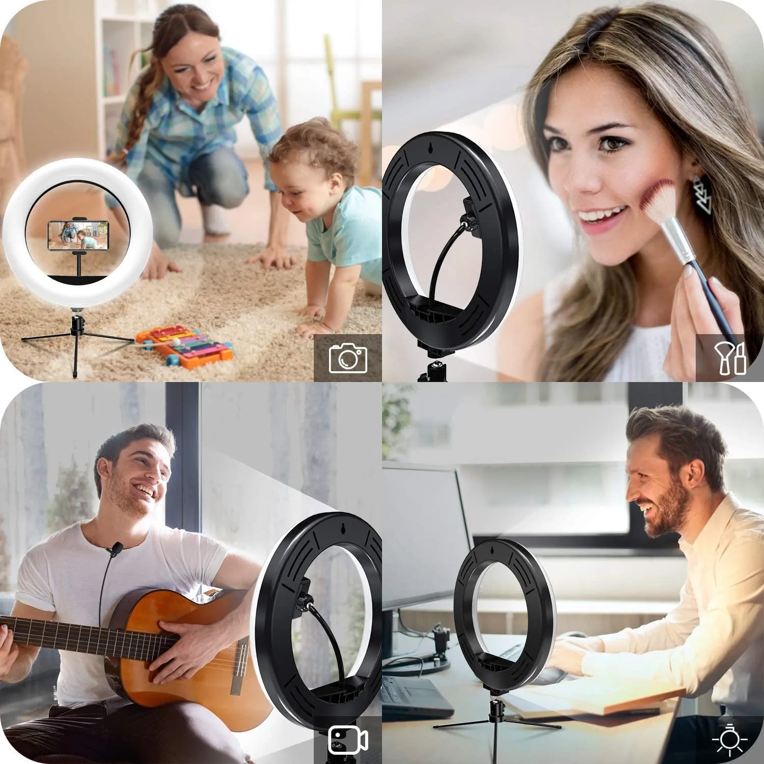 White metal desktop bracket fill light 10 inch 26 cm ring light with tripod and phone clip