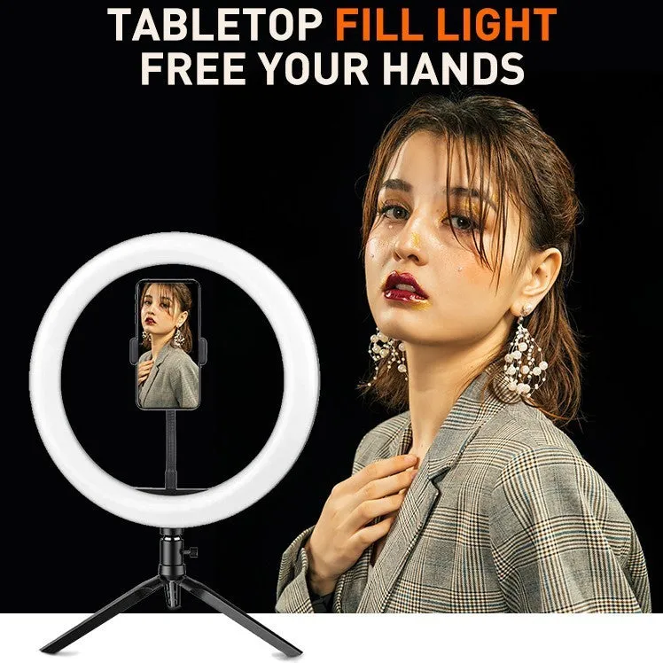White metal desktop bracket fill light 10 inch 26 cm ring light with tripod and phone clip