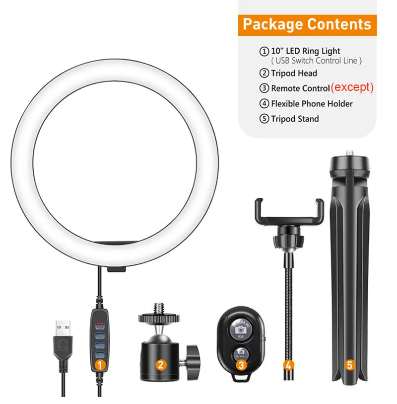White metal desktop bracket fill light 10 inch 26 cm ring light with tripod and phone clip