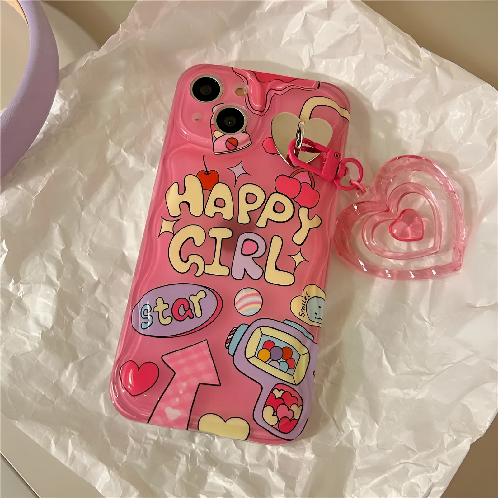 Pink TPU phone case with Sweet Cool Spice Girl graffiti design and love pendant for iPhone