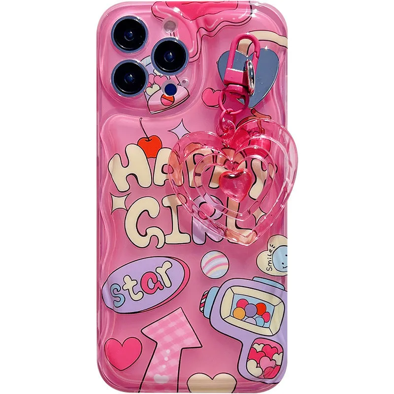 Pink TPU phone case with Sweet Cool Spice Girl graffiti design and love pendant for iPhone