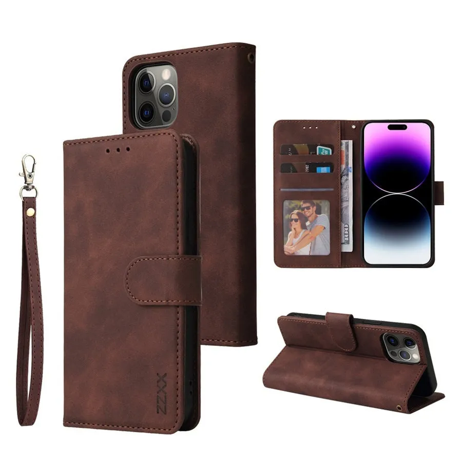 Flip case wallet card holder for iPhone 15 in brown with card slots and stand open