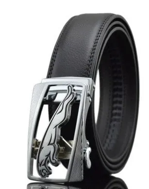 Black men's leather automatic buckle belt with a 3.5cm width on a table.