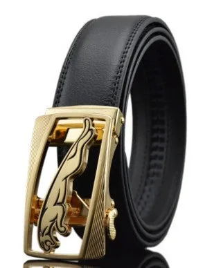 Black men's leather automatic buckle belt with a 3.5cm width on a table.