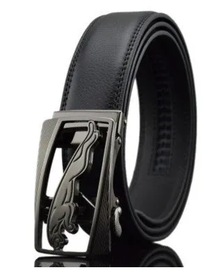 Black men's leather automatic buckle belt with a 3.5cm width on a table.