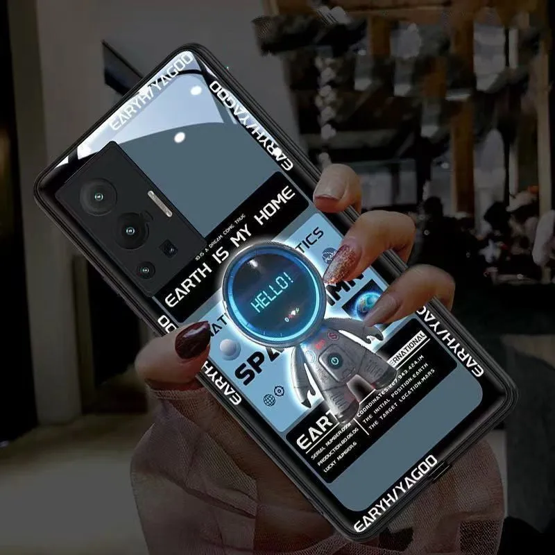 Astronaut luminous tempered glass phone case for Samsung with glow effect, blue colour, rear cover view