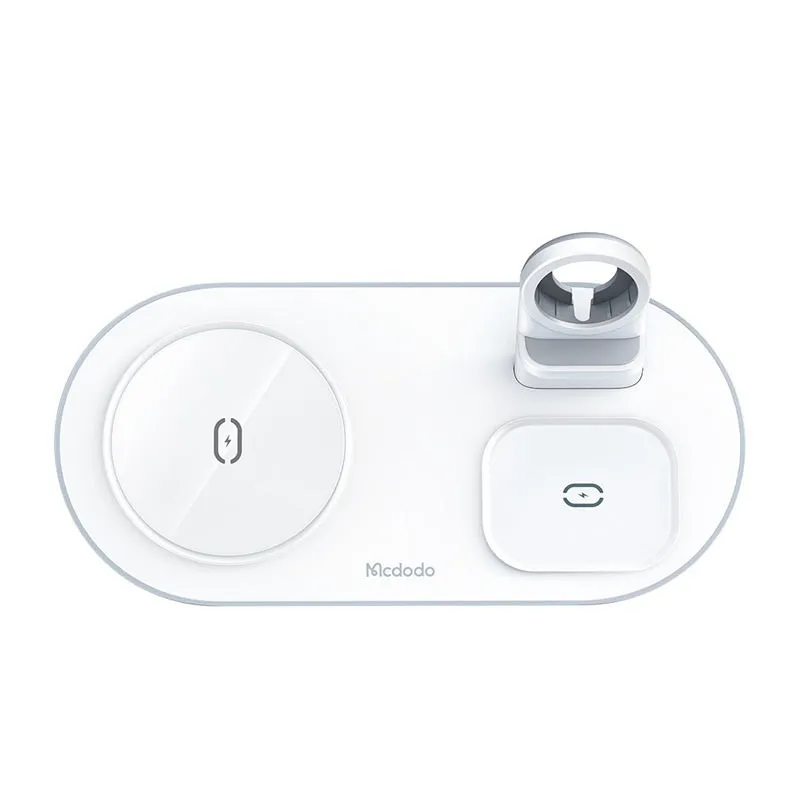 Spacecraft Series white magnetic three-in-one wireless charger vertical stand with phone and headset charging zones