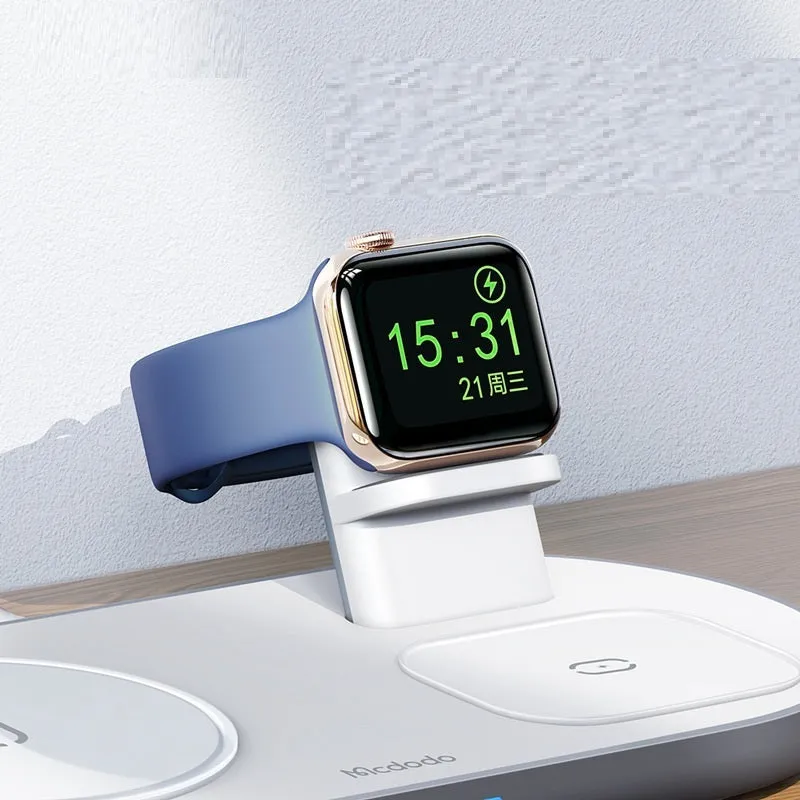 Spacecraft Series white magnetic three-in-one wireless charger vertical stand with phone and headset charging zones