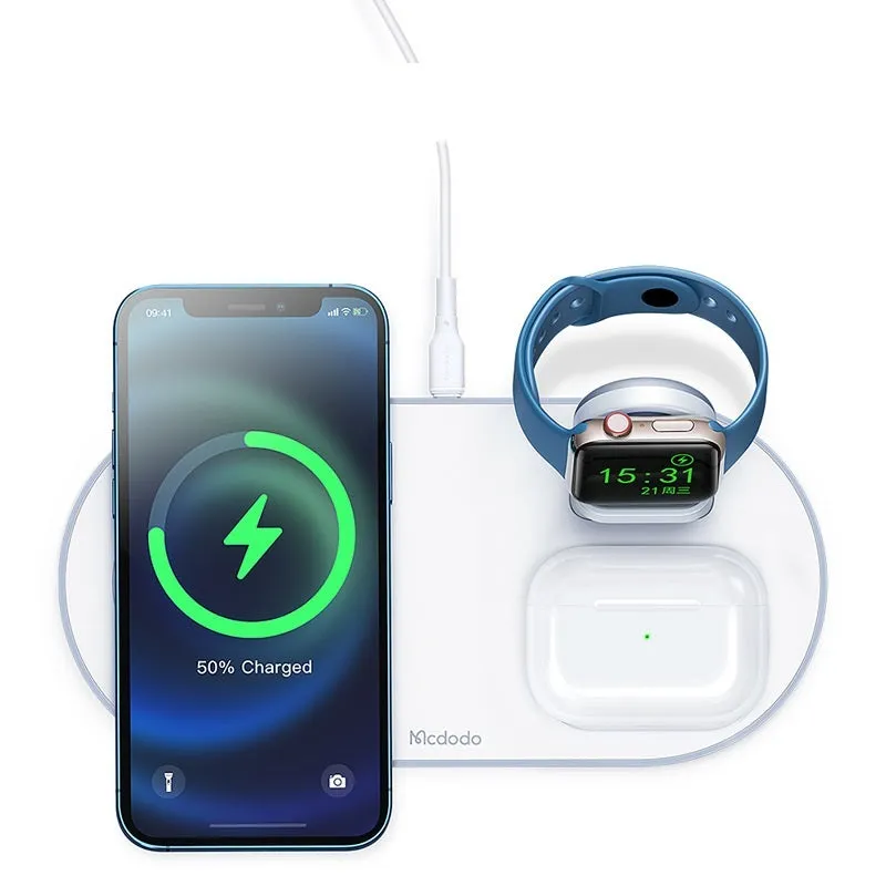Spacecraft Series white magnetic three-in-one wireless charger vertical stand with phone and headset charging zones