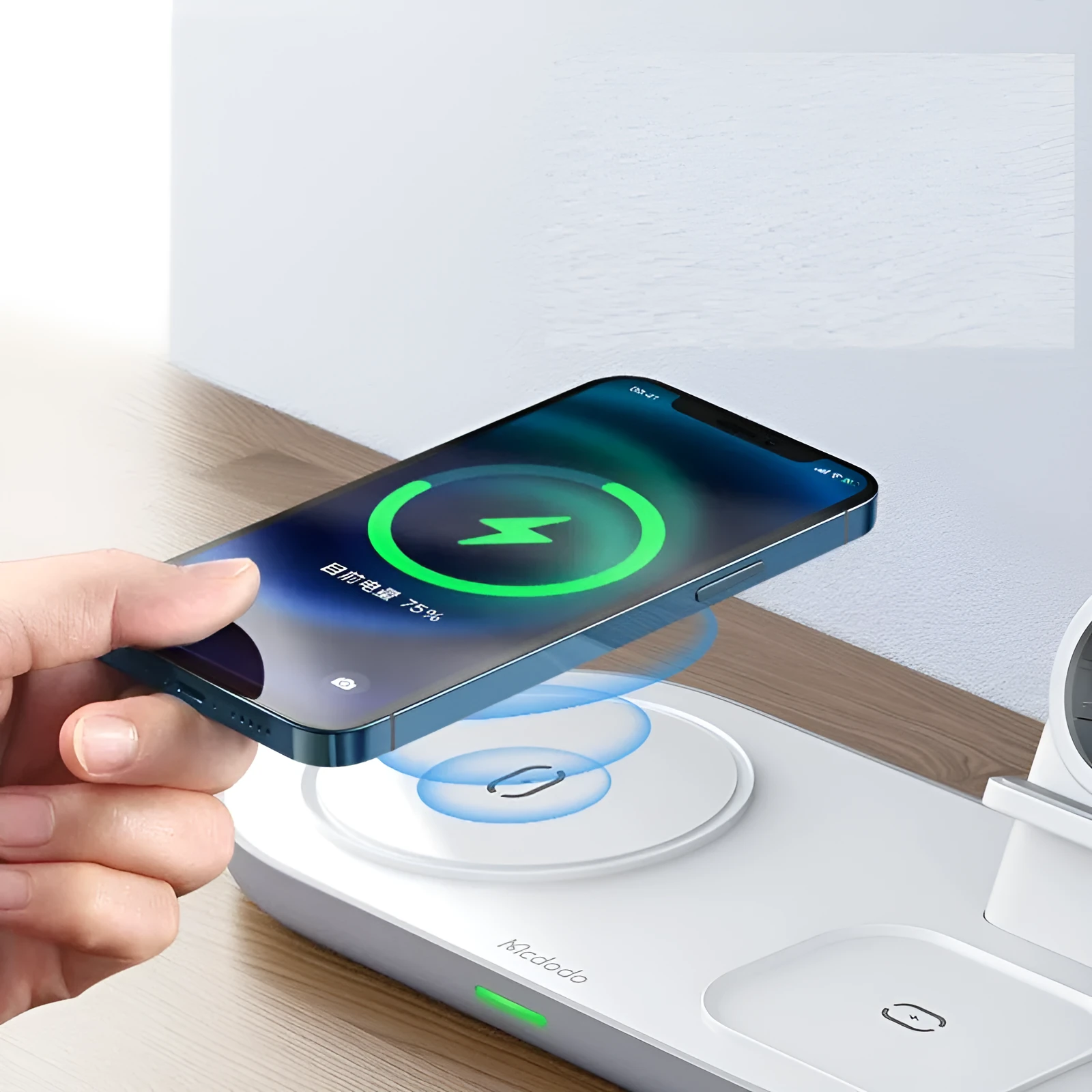 Spacecraft Series white magnetic three-in-one wireless charger vertical stand with phone and headset charging zones