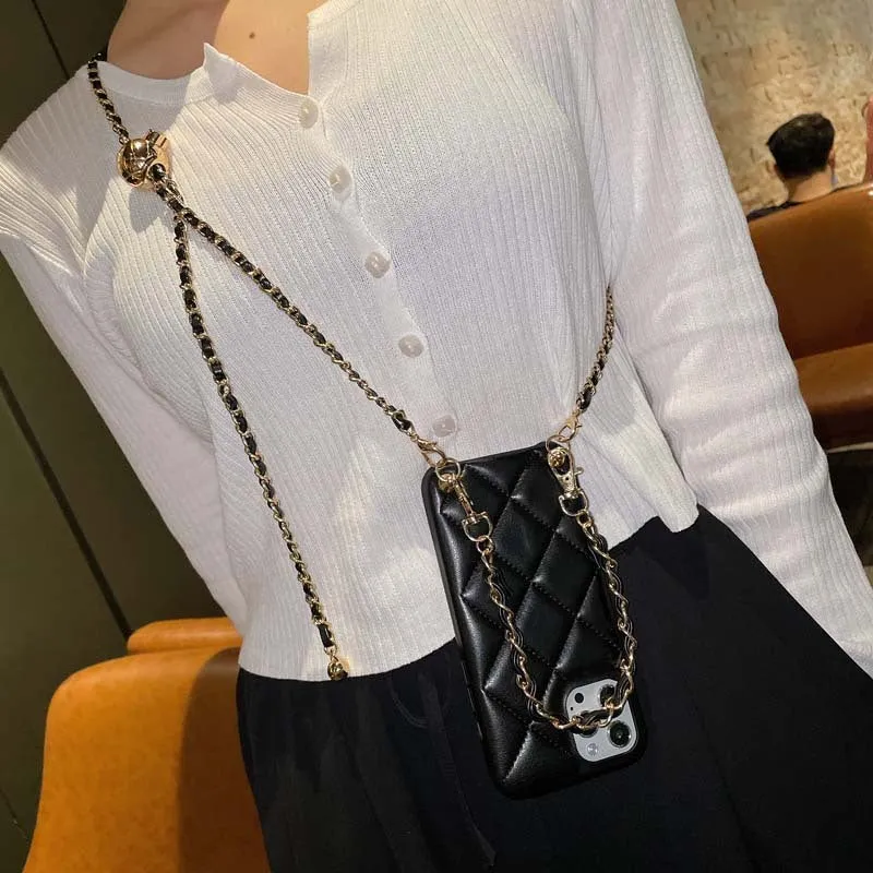 Xiaoxiangfeng adjustable messenger strap phone case imitation leather back cover with golden ball accent compatible with iPhone models