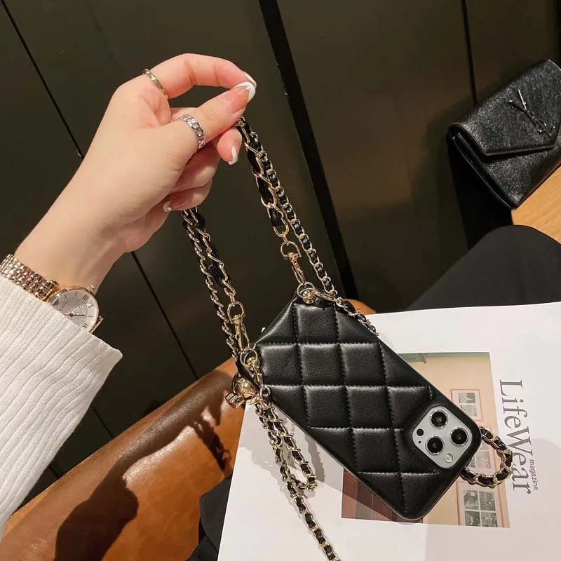Xiaoxiangfeng adjustable messenger strap phone case imitation leather back cover with golden ball accent compatible with iPhone models