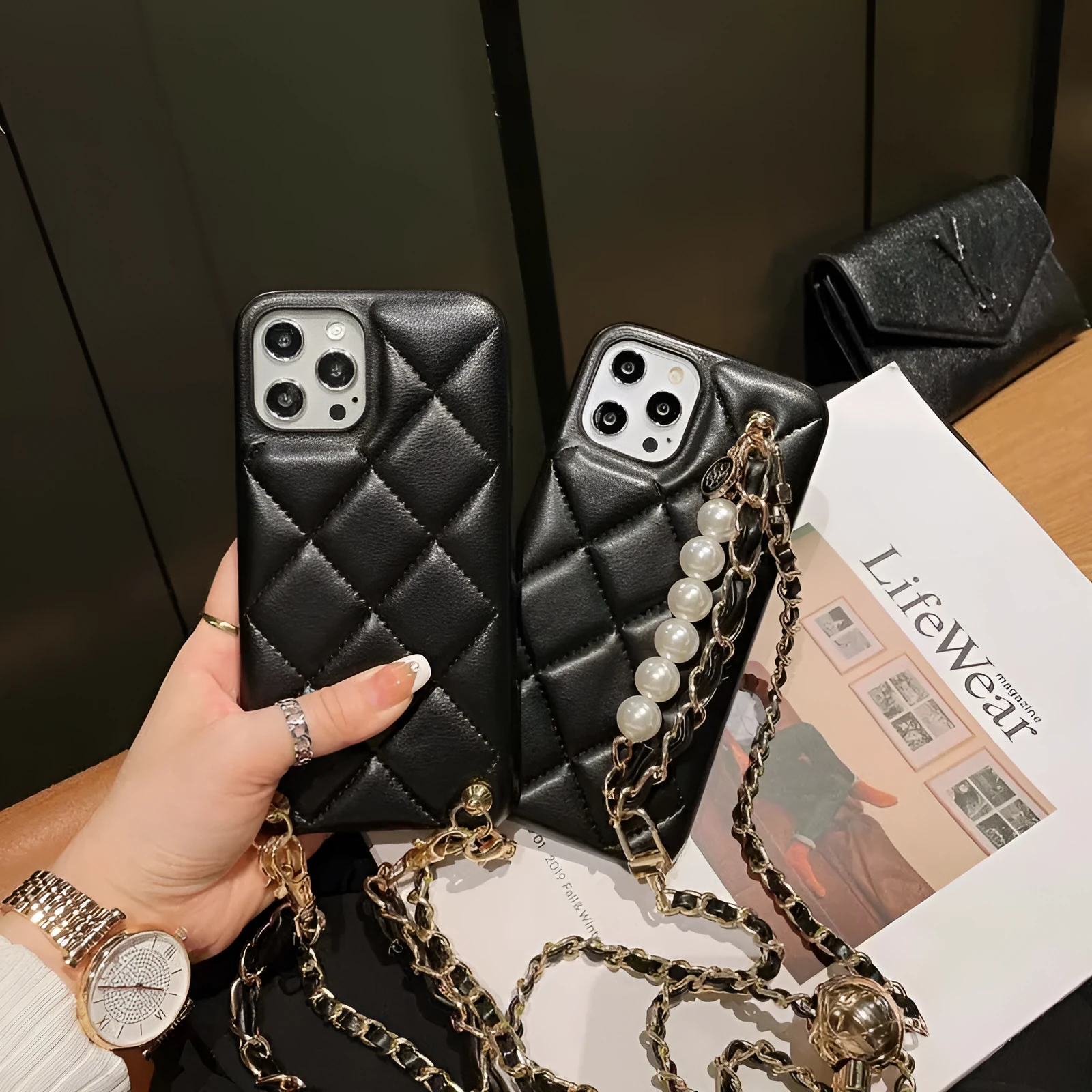 Xiaoxiangfeng adjustable messenger strap phone case imitation leather back cover with golden ball accent compatible with iPhone models