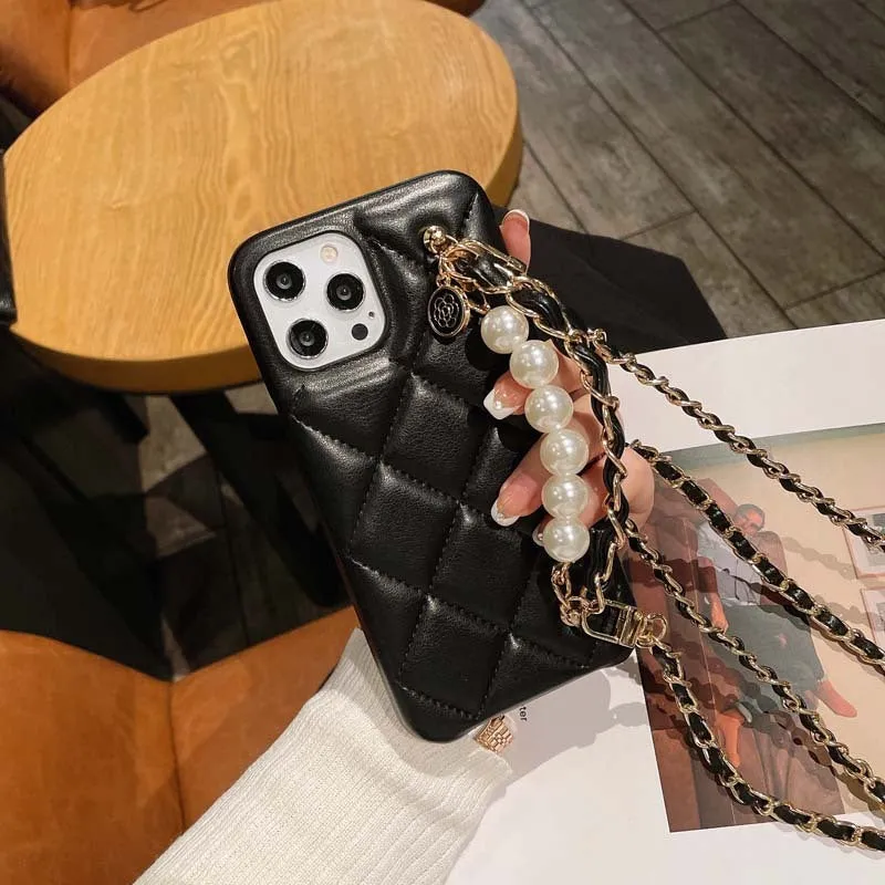 Xiaoxiangfeng adjustable messenger strap phone case imitation leather back cover with golden ball accent compatible with iPhone models