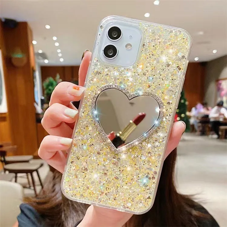 Glitter heart mirror rhinestone TPU phone case for Apple iPhone 11 12 13 14 15 Pro Max in gold