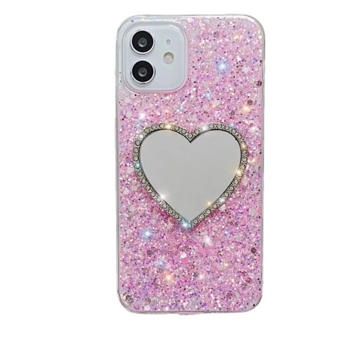 Glitter heart mirror rhinestone TPU phone case for Apple iPhone 11 12 13 14 15 Pro Max in gold