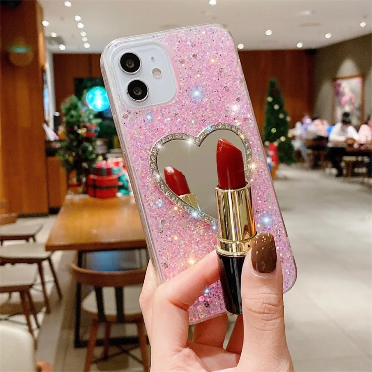 Glitter heart mirror rhinestone TPU phone case for Apple iPhone 11 12 13 14 15 Pro Max in gold
