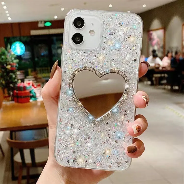 Glitter heart mirror rhinestone TPU phone case for Apple iPhone 11 12 13 14 15 Pro Max in gold