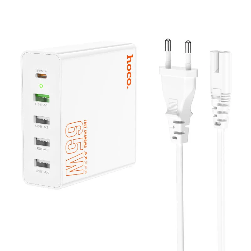 White European 65W PD fast charger with Type-C and USB-A ports, 1.5m cable, flame retardant PC housing