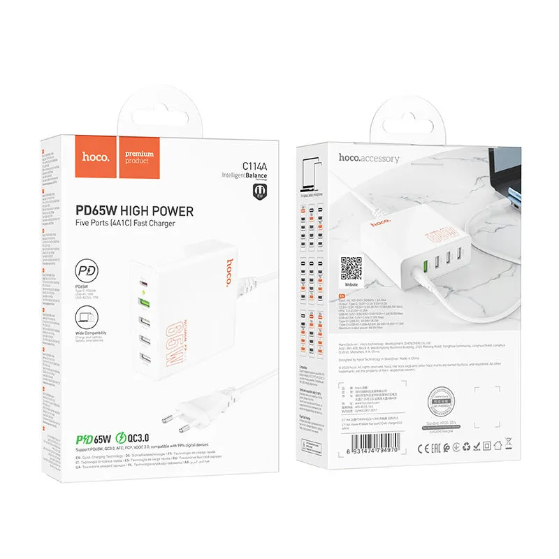 White European 65W PD fast charger with Type-C and USB-A ports, 1.5m cable, flame retardant PC housing