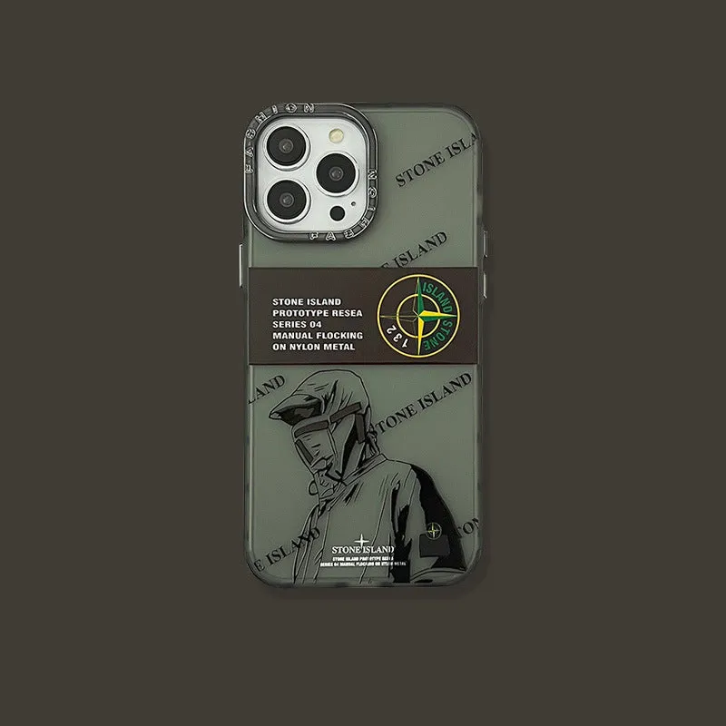 Creative Text Phone Case with hard back and soft edges, electroplated lens ring in purple stone island label, for iPhone
