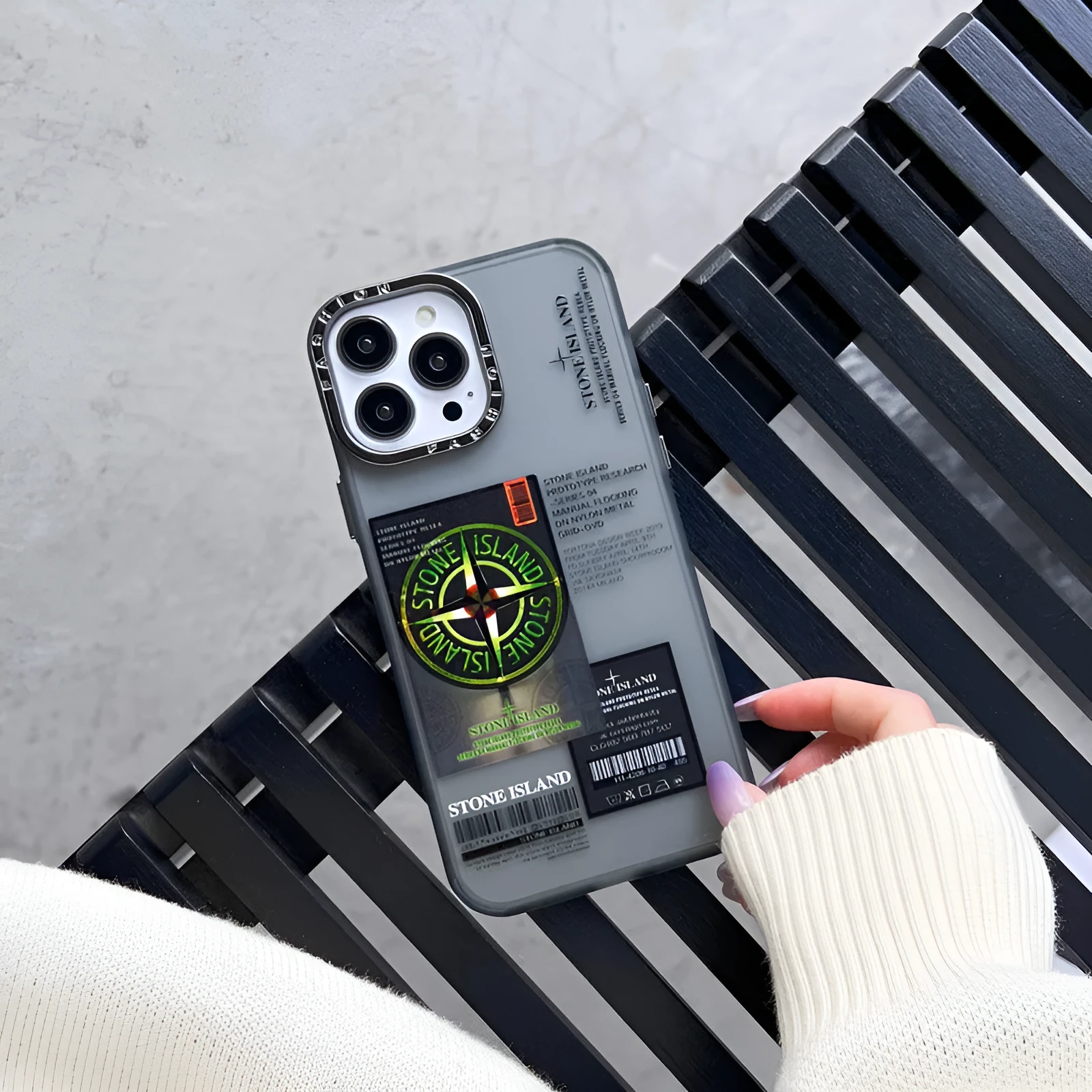 Creative Text Phone Case with hard back and soft edges, electroplated lens ring in purple stone island label, for iPhone