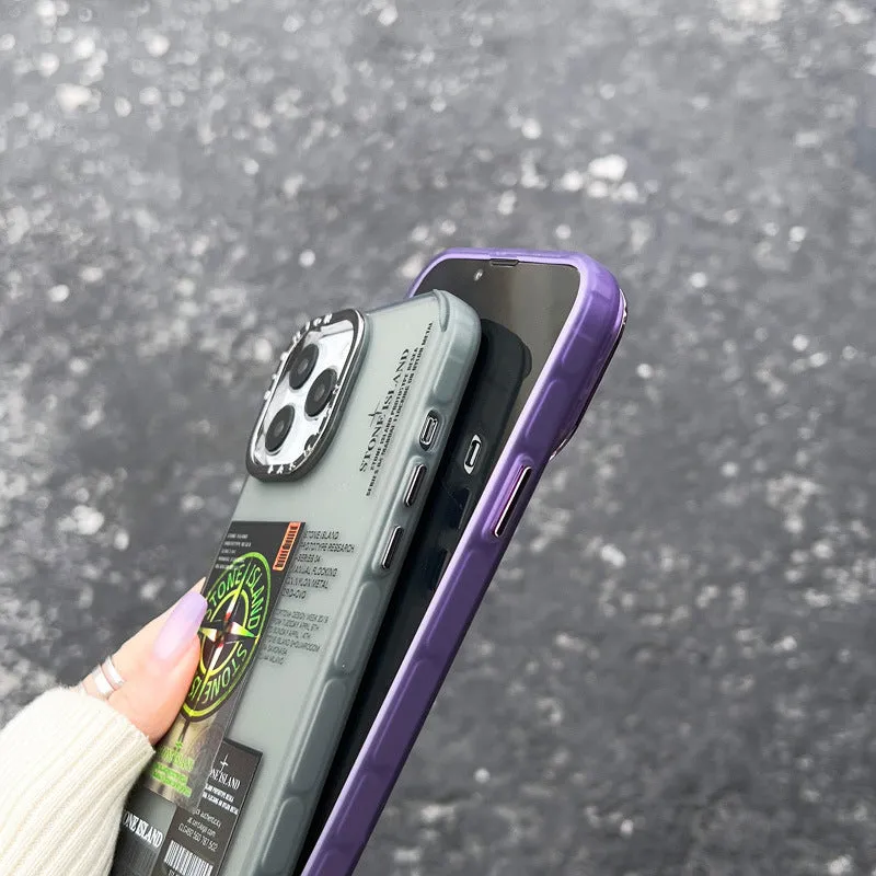 Creative Text Phone Case with hard back and soft edges, electroplated lens ring in purple stone island label, for iPhone