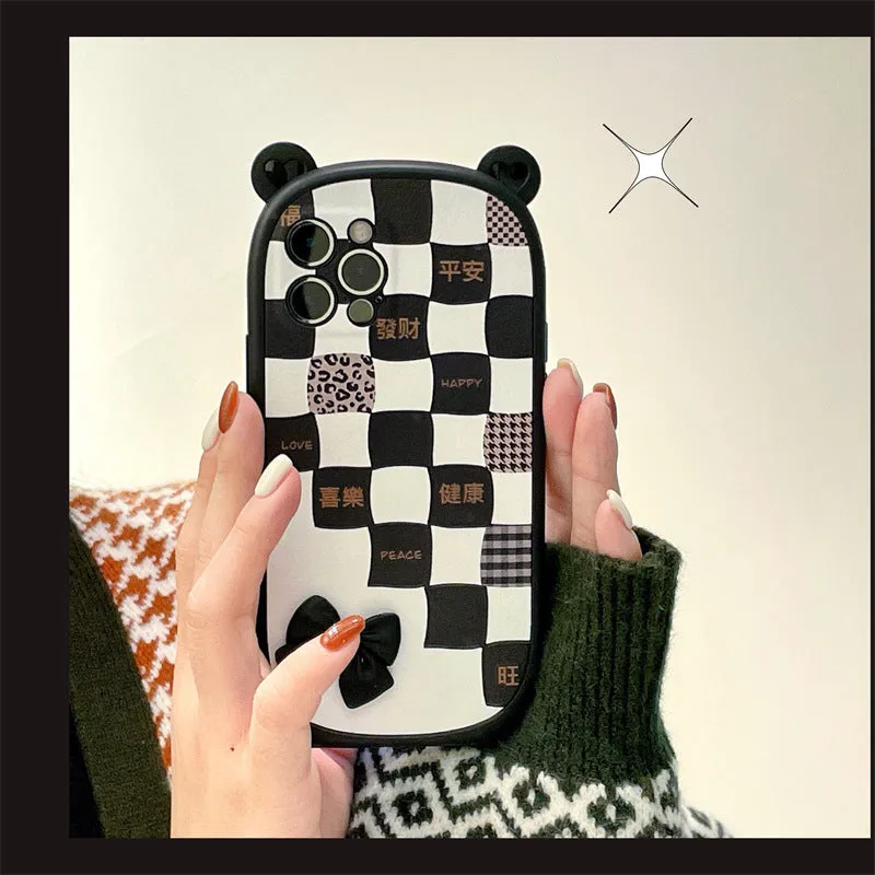 Black and white lattice bow silicone protective case for iPhone 13 12 11 XS XR