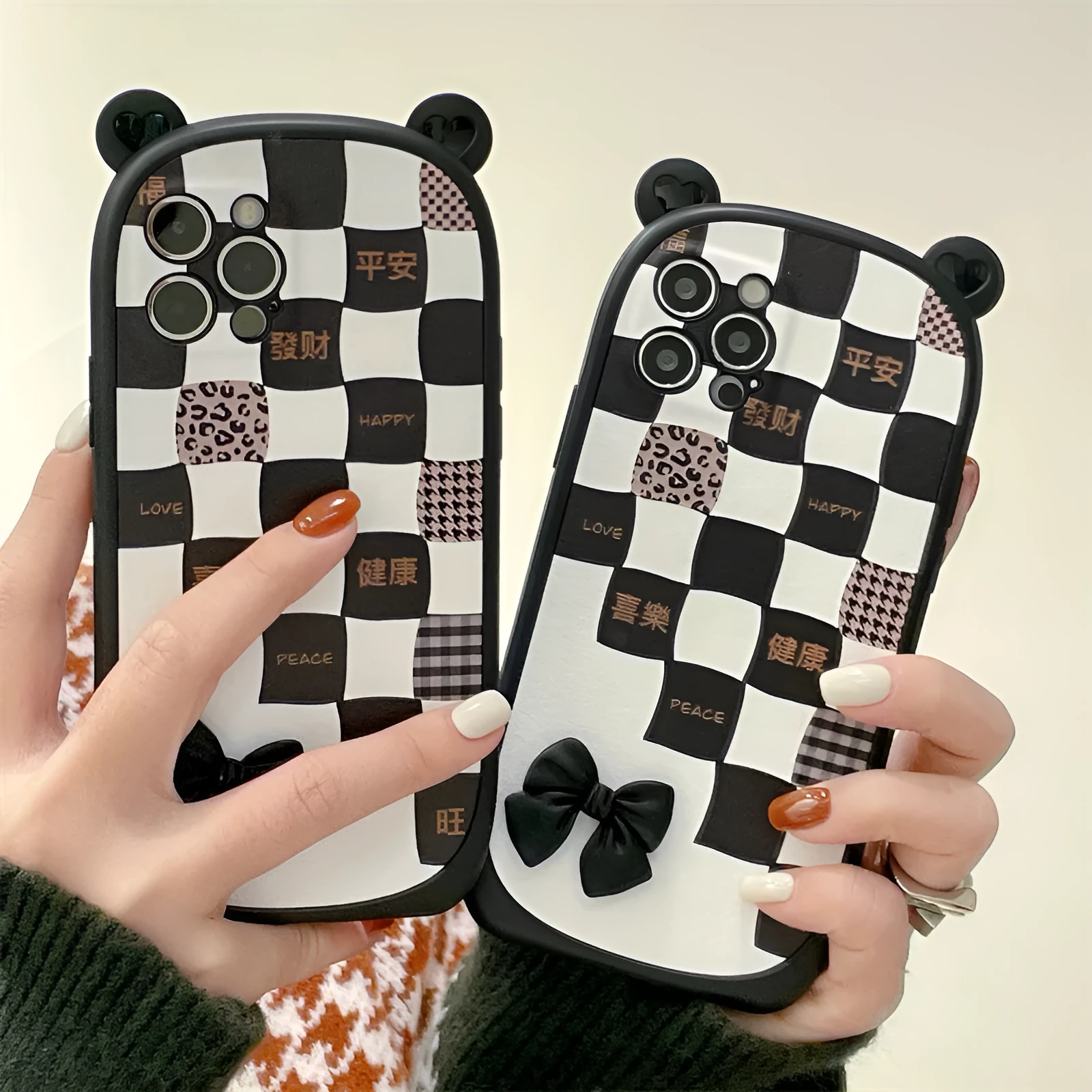 Black and white lattice bow silicone protective case for iPhone 13 12 11 XS XR