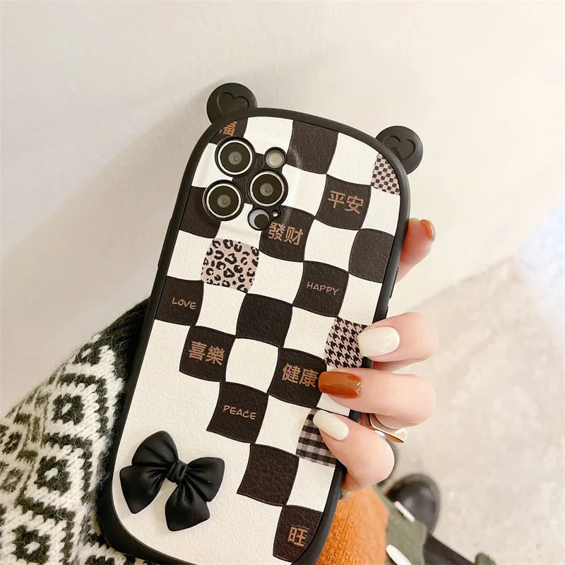 Black and white lattice bow silicone protective case for iPhone 13 12 11 XS XR