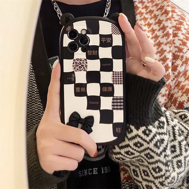 Black and white lattice bow silicone protective case for iPhone 13 12 11 XS XR