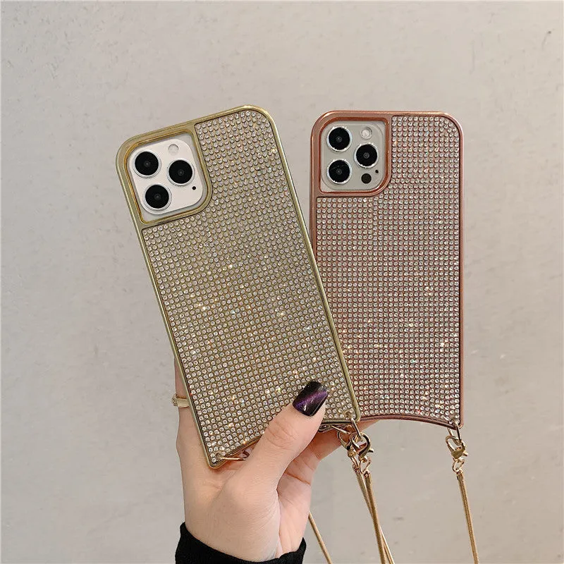 Go Boy sparkle glitter rhinestone TPU phone case with lanyard strap and chain for Apple iPhone, shown in Gold finish on iPhone 12