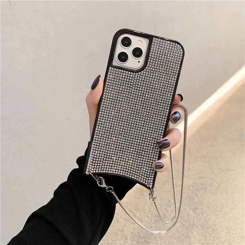 Go Boy sparkle glitter rhinestone TPU phone case with lanyard strap and chain for Apple iPhone, shown in Gold finish on iPhone 12