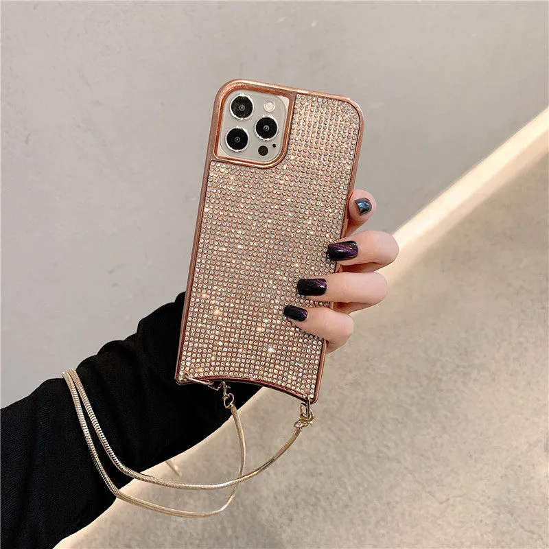 Go Boy sparkle glitter rhinestone TPU phone case with lanyard strap and chain for Apple iPhone, shown in Gold finish on iPhone 12