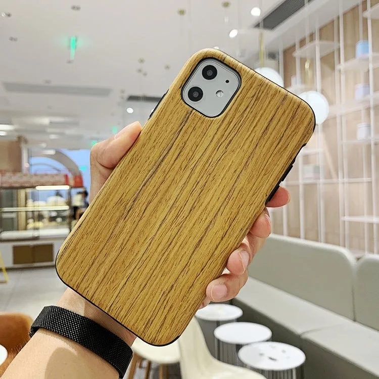 Wooden back cover case for iPhone in rosewood, teak, black rose, and walnut wood finishes.