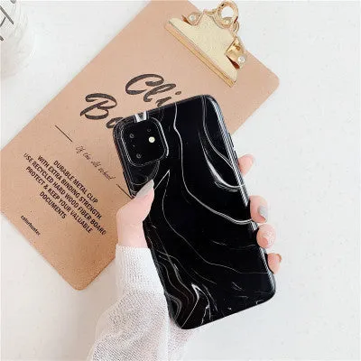Marble mobile phone case for iPhone in black and white soft shell design, showing fade-resistant pattern