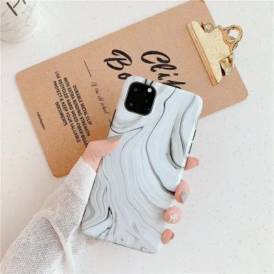 Marble mobile phone case for iPhone in black and white soft shell design, showing fade-resistant pattern